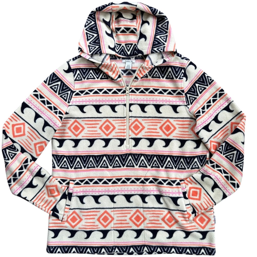 O'Neill Fleece Hoodie Wmn Small Orange Pink Tribal Wave Print 1/4 Zip Excellent